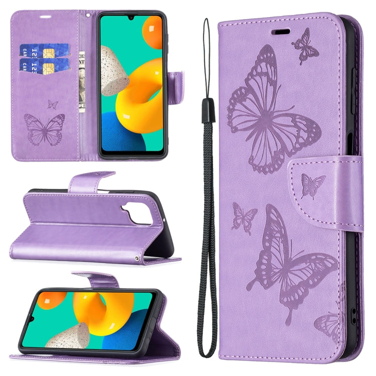 For Samsung Galaxy M32 Embossing Two Butterflies Pattern Horizontal Flip PU Leather Case with Holder & Card Slot & Wallet & Lanyard(Purple) by buy2fix