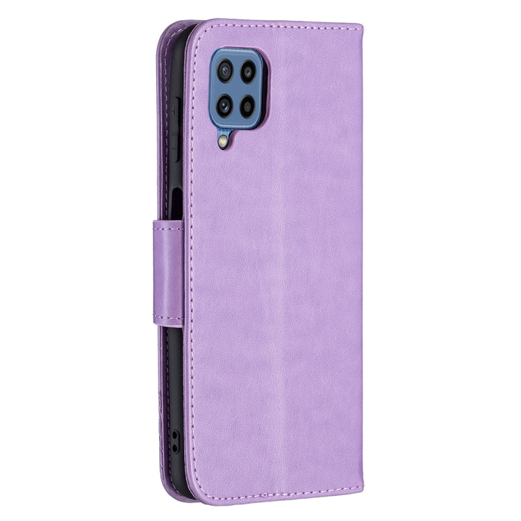 For Samsung Galaxy M32 Embossing Two Butterflies Pattern Horizontal Flip PU Leather Case with Holder & Card Slot & Wallet & Lanyard(Purple) by buy2fix