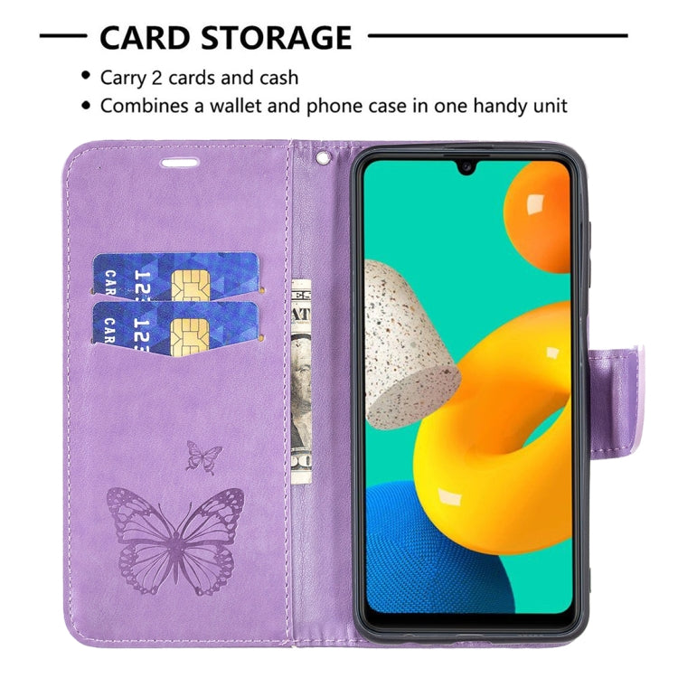 For Samsung Galaxy M32 Embossing Two Butterflies Pattern Horizontal Flip PU Leather Case with Holder & Card Slot & Wallet & Lanyard(Purple) by buy2fix