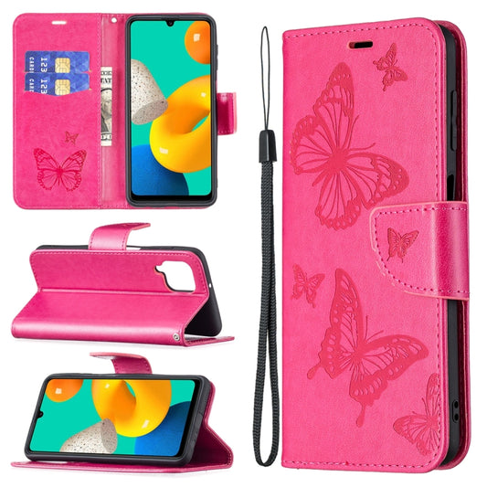 For Samsung Galaxy M32 Embossing Two Butterflies Pattern Horizontal Flip PU Leather Case with Holder & Card Slot & Wallet & Lanyard(Rose Red) by buy2fix