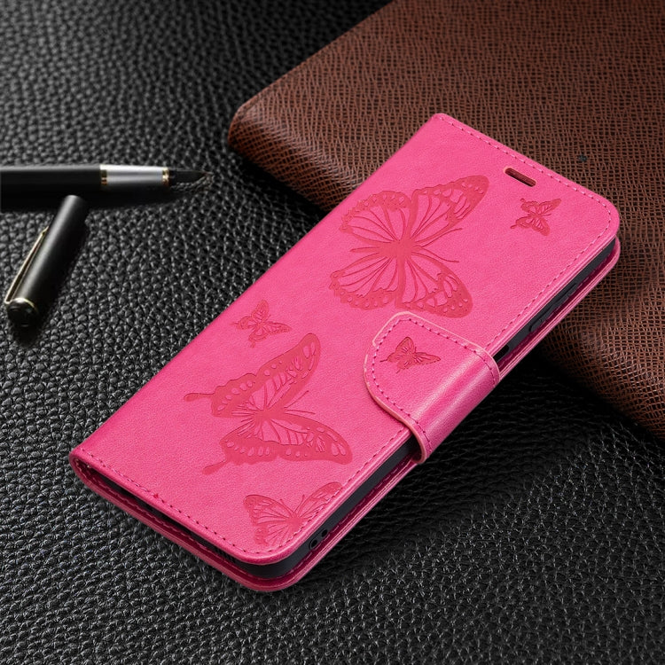 For Samsung Galaxy M32 Embossing Two Butterflies Pattern Horizontal Flip PU Leather Case with Holder & Card Slot & Wallet & Lanyard(Rose Red) by buy2fix