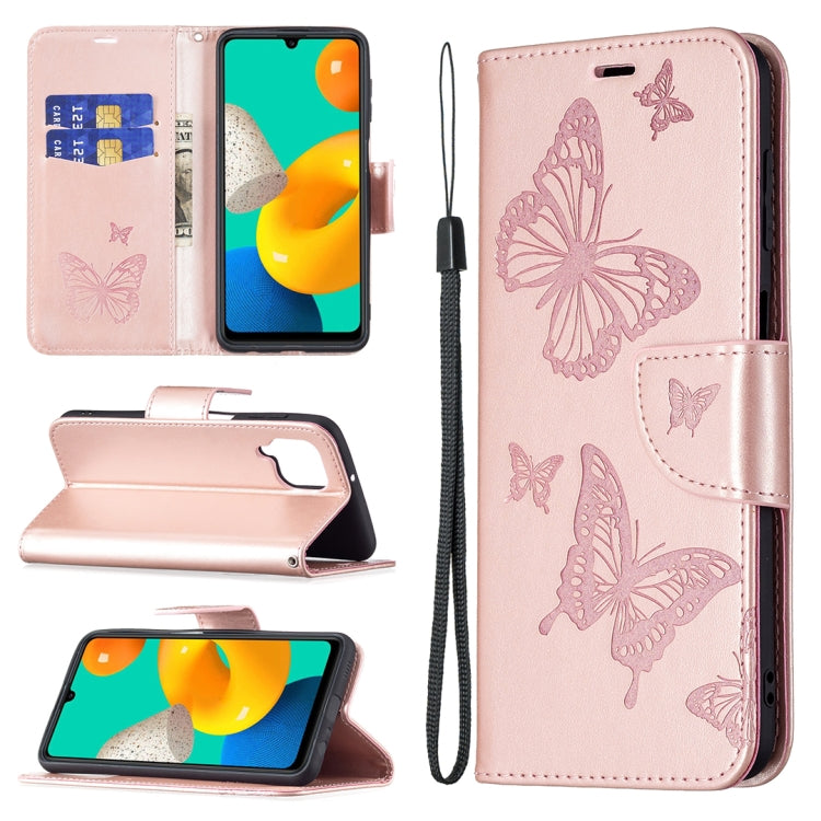 For Samsung Galaxy M32 Embossing Two Butterflies Pattern Horizontal Flip PU Leather Case with Holder & Card Slot & Wallet & Lanyard(Rose Gold) by buy2fix