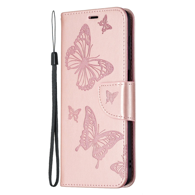 For Samsung Galaxy M32 Embossing Two Butterflies Pattern Horizontal Flip PU Leather Case with Holder & Card Slot & Wallet & Lanyard(Rose Gold) by buy2fix