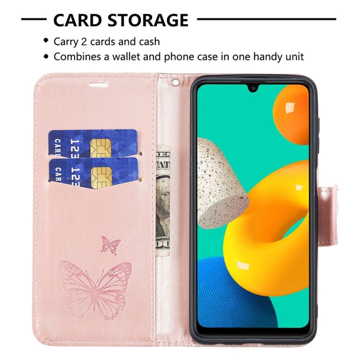 For Samsung Galaxy M32 Embossing Two Butterflies Pattern Horizontal Flip PU Leather Case with Holder & Card Slot & Wallet & Lanyard(Rose Gold) by buy2fix