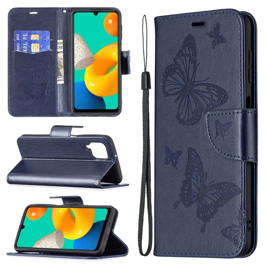 For Samsung Galaxy M32 Embossing Two Butterflies Pattern Horizontal Flip PU Leather Case with Holder & Card Slot & Wallet & Lanyard(Dark Blue) by buy2fix