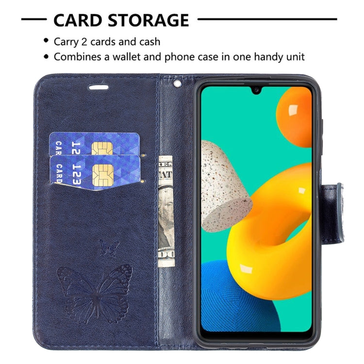 For Samsung Galaxy M32 Embossing Two Butterflies Pattern Horizontal Flip PU Leather Case with Holder & Card Slot & Wallet & Lanyard(Dark Blue) by buy2fix