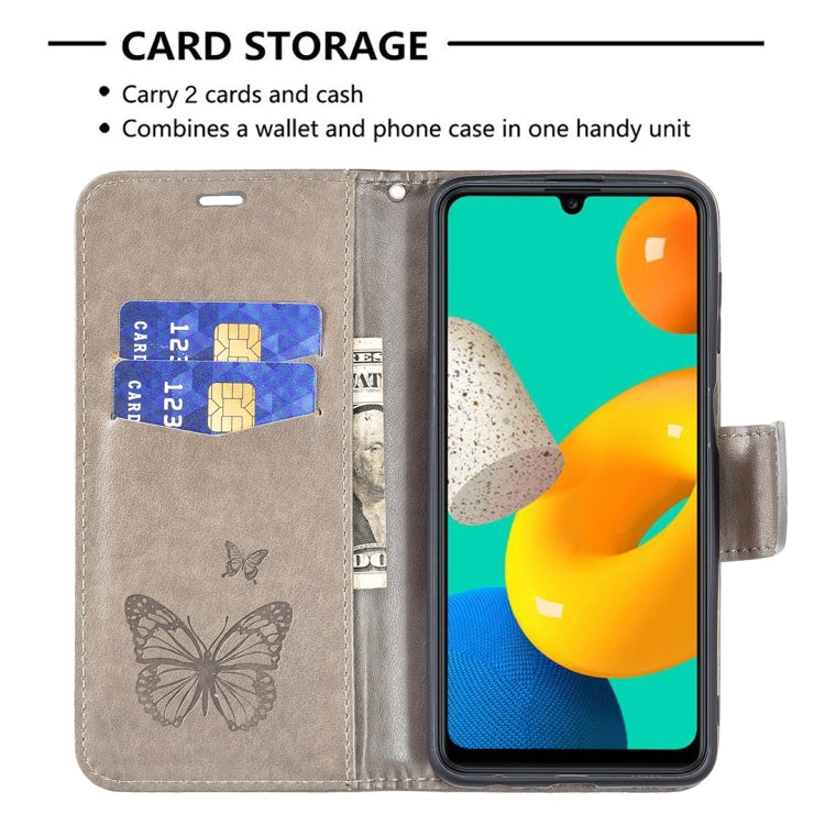 For Samsung Galaxy M32 Embossing Two Butterflies Pattern Horizontal Flip PU Leather Case with Holder & Card Slot & Wallet & Lanyard(Grey) by buy2fix