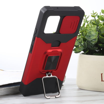 For Samsung Galaxy A42 5G Sliding Camera Cover Design PC + TPU Shockproof Case with Ring Holder & Card Slot(Red) by buy2fix