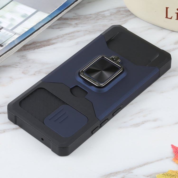 For Samsung Galaxy A42 5G Sliding Camera Cover Design PC + TPU Shockproof Case with Ring Holder & Card Slot(Blue) by buy2fix