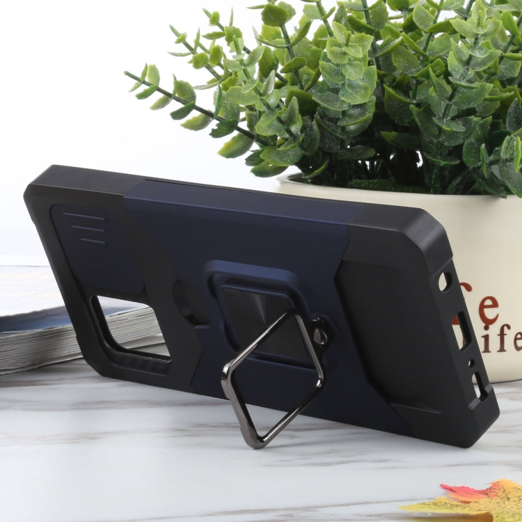 For Samsung Galaxy A42 5G Sliding Camera Cover Design PC + TPU Shockproof Case with Ring Holder & Card Slot(Blue) by buy2fix