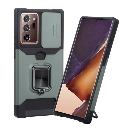 For Samsung Galaxy Note20 Ultra Sliding Camera Cover Design PC + TPU Shockproof Case with Ring Holder & Card Slot(Dark Green)