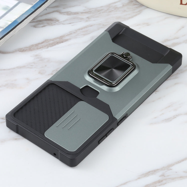 For Samsung Galaxy Note20 Ultra Sliding Camera Cover Design PC + TPU Shockproof Case with Ring Holder & Card Slot(Dark Green) by buy2fix
