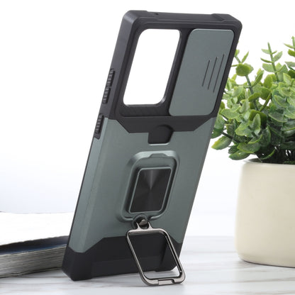 For Samsung Galaxy Note20 Ultra Sliding Camera Cover Design PC + TPU Shockproof Case with Ring Holder & Card Slot(Dark Green) by buy2fix