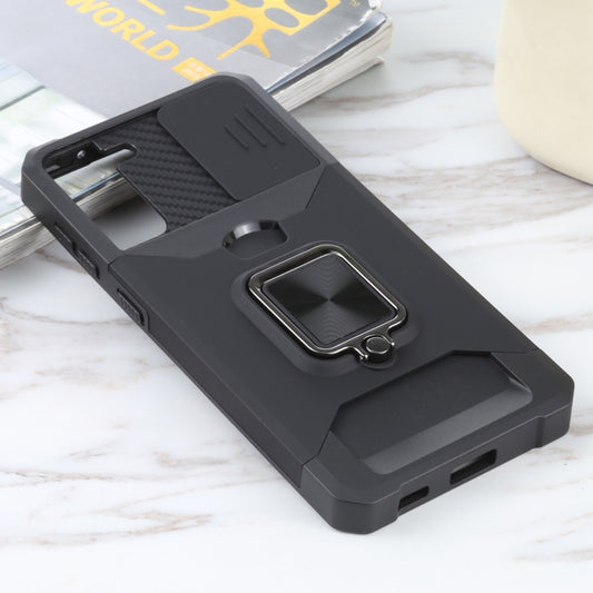 For Samsung Galaxy S21+ 5G Sliding Camera Cover Design PC + TPU Shockproof Case with Ring Holder & Card Slot(Black) by buy2fix