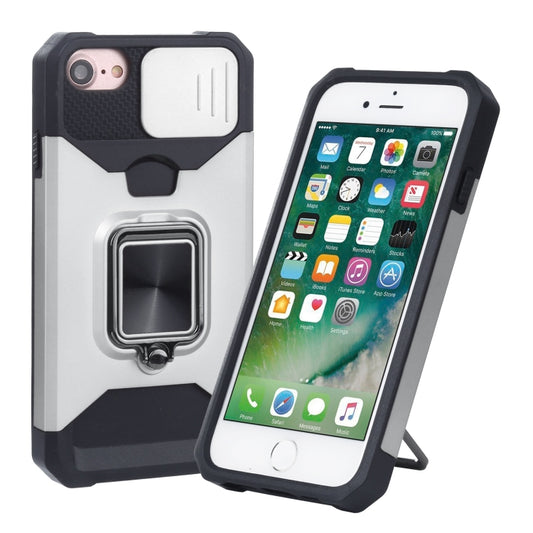 For iPhone SE 2022 / SE 2020 / 8 / 7 / 6s / 6 Sliding Camera Cover Design PC + TPU Shockproof Case with Ring Holder & Card Slot (Silver) - iPhone SE 2022 / 2020 / 8 / 7 Cases by buy2fix | Online Shopping UK | buy2fix