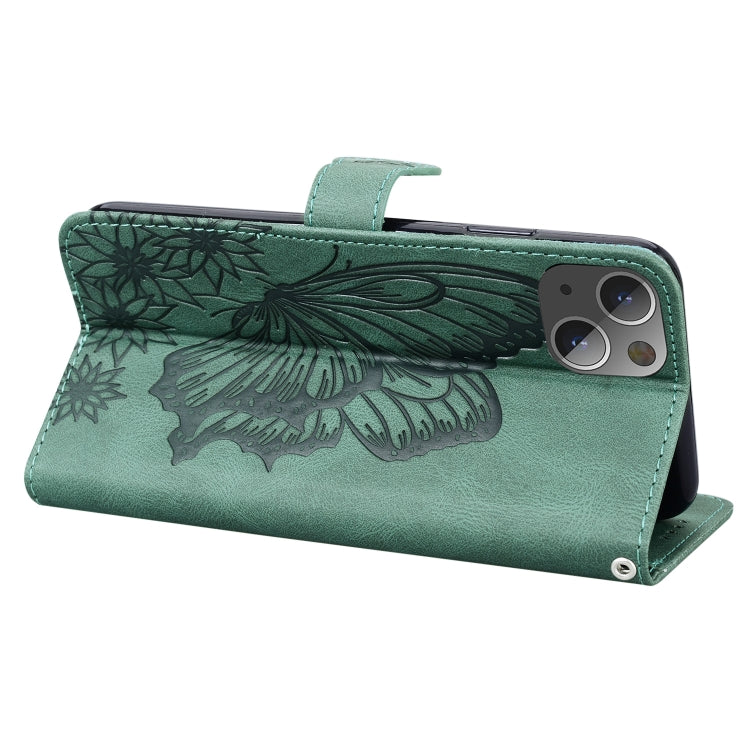 For iPhone 13 Retro Skin Feel Butterflies Embossing Horizontal Flip Leather Case with Holder & Card Slots & Wallet(Green) - iPhone 13 Cases by buy2fix | Online Shopping UK | buy2fix