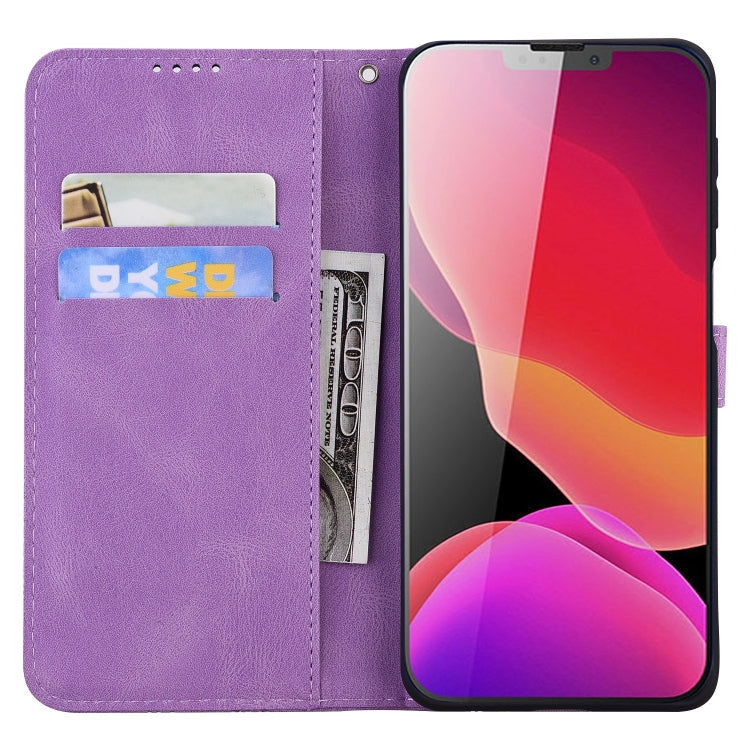 For iPhone 13 Retro Skin Feel Butterflies Embossing Horizontal Flip Leather Case with Holder & Card Slots & Wallet(Purple) - iPhone 13 Cases by buy2fix | Online Shopping UK | buy2fix