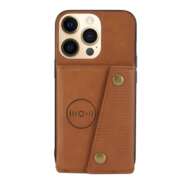 For iPhone 13 Double Buckle PU + TPU Shockproof Magnetic Protective Case with Card Slot & Holder(Light Brown) - iPhone 13 Cases by buy2fix | Online Shopping UK | buy2fix