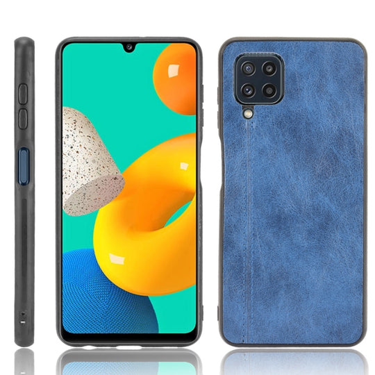 For Samsung Galaxy M32 4G Shockproof Sewing Cow Pattern Skin PC + PU + TPU Case(Blue)