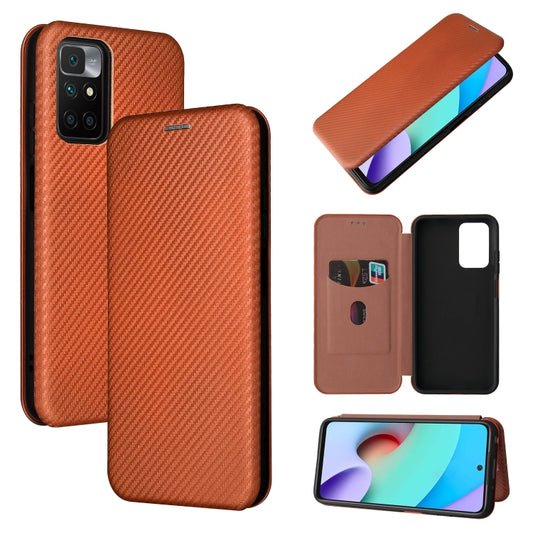 Carbon Fiber Texture Horizontal Flip TPU + PC + PU Leather Case with Card Slot For Xiaomi Redmi 10(Brown) by buy2fix
