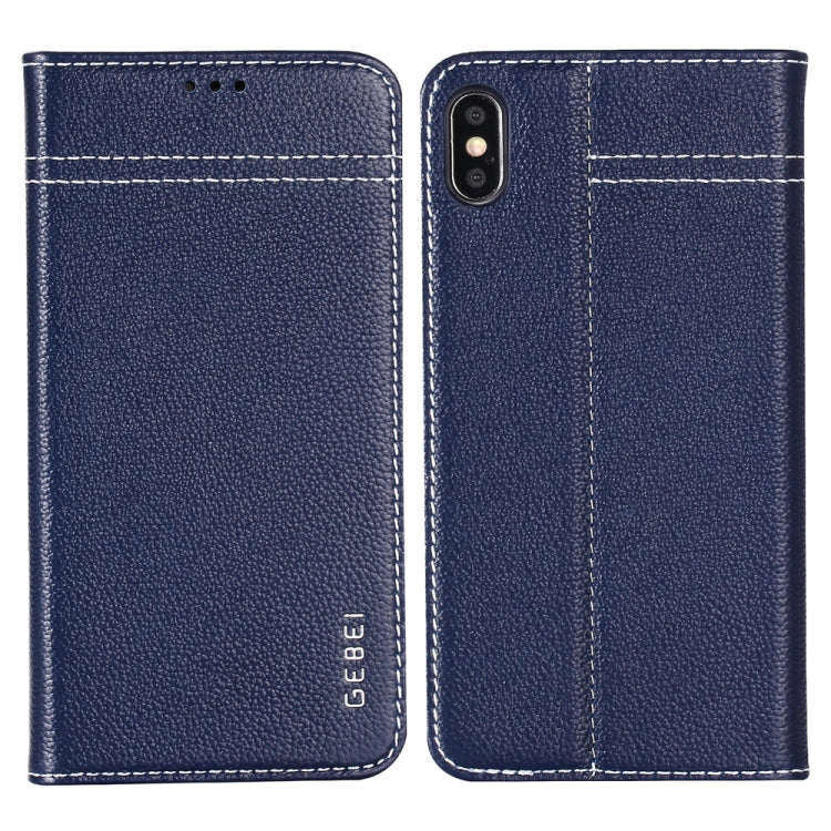 For iPhone XR GEBEI Top-grain Leather Horizontal Flip Protective Case with Holder & Card Slots(Blue) - More iPhone Cases by GEBEI | Online Shopping UK | buy2fix