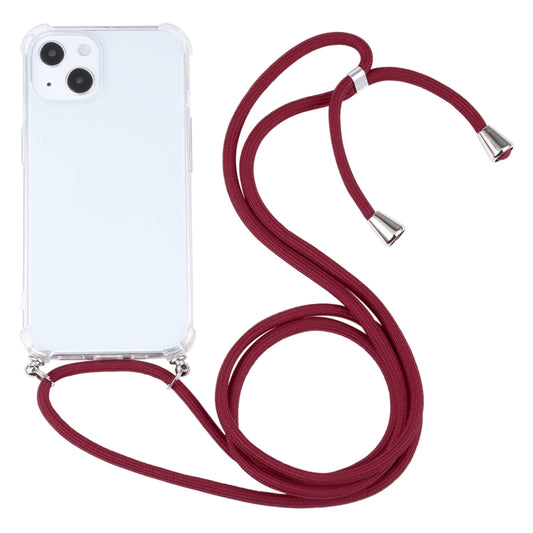 For iPhone 13 Four-corner Shockproof Transparent TPU Protective Case with Lanyard(Wine Red) by buy2fix