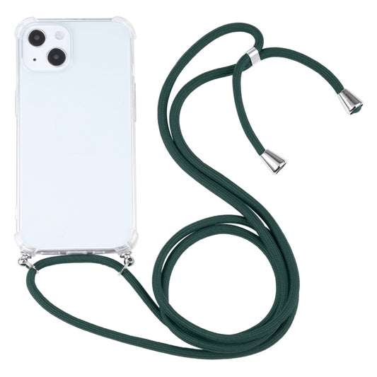 For iPhone 13 Four-corner Shockproof Transparent TPU Protective Case with Lanyard(Dark Green) by buy2fix