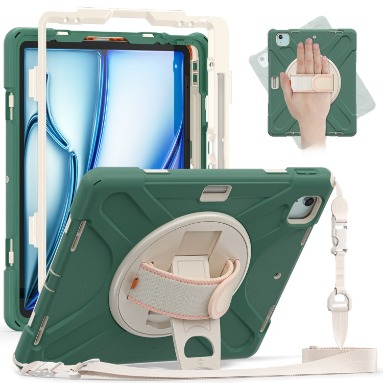 For iPad Pro 12.9 2022 / 2021 Rotatable Holder Silicone Hybrid PC Tablet Case with Shoulder Strap(Emerald Green) by buy2fix