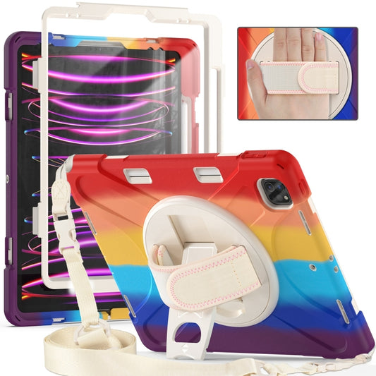 For iPad Pro 12.9 2022 / 2021 Rotatable Holder Silicone Hybrid PC Tablet Case with Shoulder Strap(Colorful Red) - iPad Pro 12.9 (2022/2021) Cases by buy2fix | Online Shopping UK | buy2fix