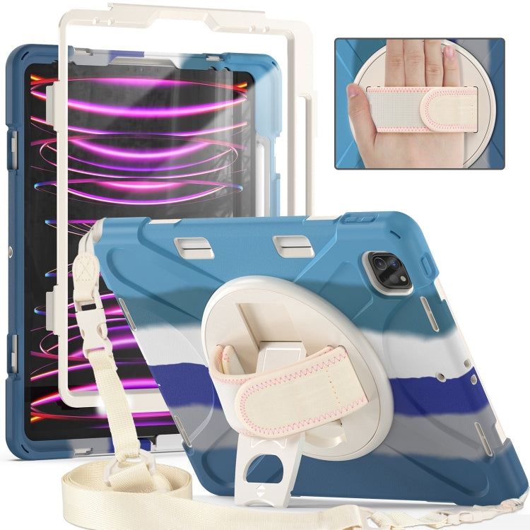 For iPad Pro 12.9 2022 / 2021 Rotatable Holder Silicone Hybrid PC Tablet Case with Shoulder Strap(Colorful Blue) - iPad Pro 12.9 (2022/2021) Cases by buy2fix | Online Shopping UK | buy2fix