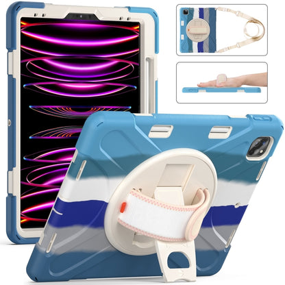 For iPad Pro 12.9 2022 / 2021 Rotatable Holder Silicone Hybrid PC Tablet Case with Shoulder Strap(Colorful Blue) - iPad Pro 12.9 (2022/2021) Cases by buy2fix | Online Shopping UK | buy2fix