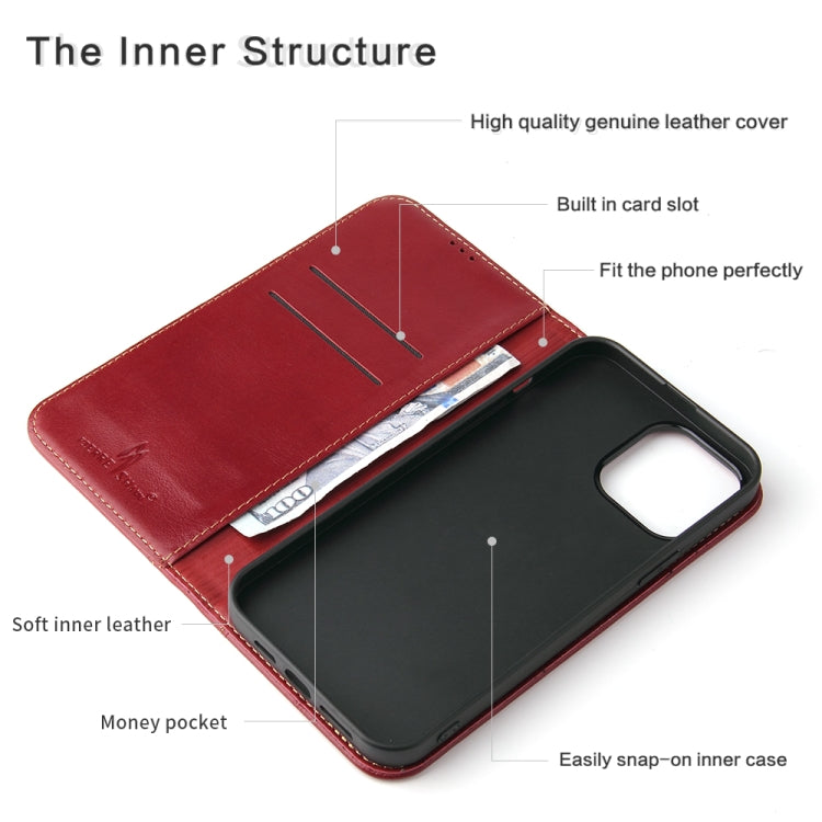 For iPhone 13 mini Genuine Leather Horizontal Flip Leather Case with Holder & Card Slots & Wallet (Wine Red) - iPhone 13 mini Cases by buy2fix | Online Shopping UK | buy2fix