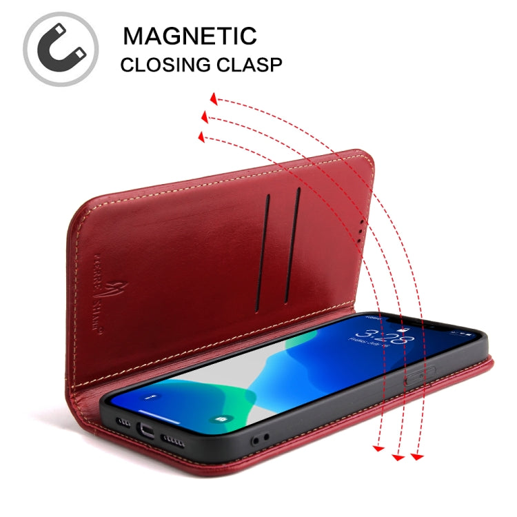 For iPhone 13 mini Genuine Leather Horizontal Flip Leather Case with Holder & Card Slots & Wallet (Wine Red) - iPhone 13 mini Cases by buy2fix | Online Shopping UK | buy2fix