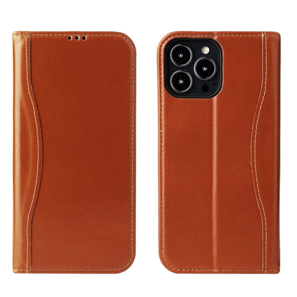 For iPhone 13 mini Genuine Leather Horizontal Flip Leather Case with Holder & Card Slots & Wallet (Brown) - iPhone 13 mini Cases by buy2fix | Online Shopping UK | buy2fix