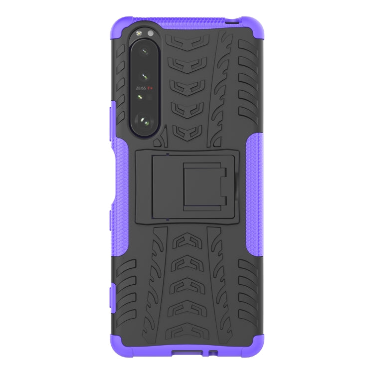 For Sony Xperia 1 III Tire Texture Shockproof TPU+PC Protective Case with Holder(Purple) - Sony Cases by buy2fix | Online Shopping UK | buy2fix