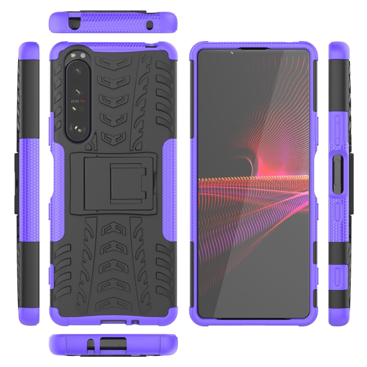 For Sony Xperia 1 III Tire Texture Shockproof TPU+PC Protective Case with Holder(Purple) - Sony Cases by buy2fix | Online Shopping UK | buy2fix