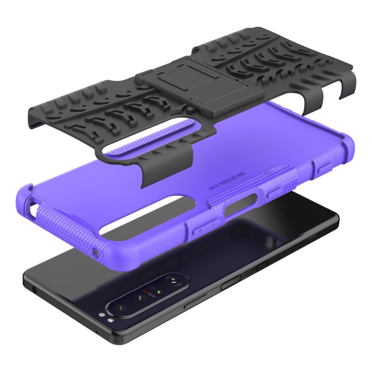 For Sony Xperia 1 III Tire Texture Shockproof TPU+PC Protective Case with Holder(Purple) - Sony Cases by buy2fix | Online Shopping UK | buy2fix