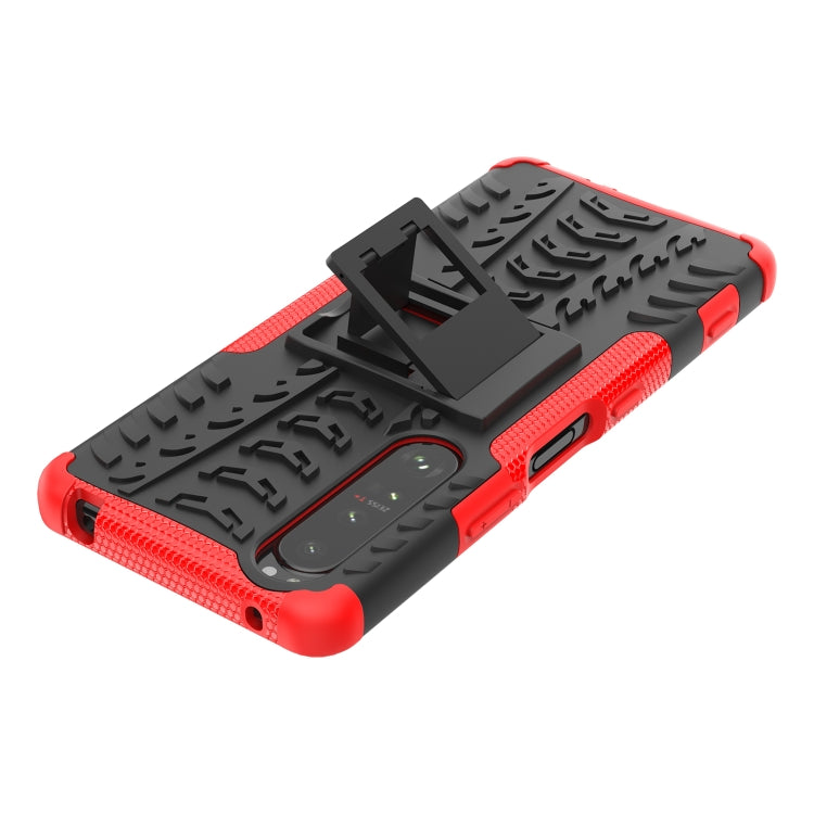 For Sony Xperia 1 III Tire Texture Shockproof TPU+PC Protective Case with Holder(Red) - Sony Cases by buy2fix | Online Shopping UK | buy2fix