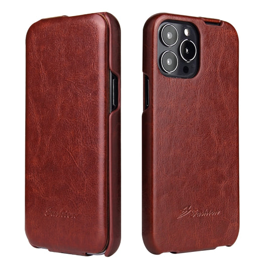 For iPhone 13 Pro Max Fierre Shann Retro Oil Wax Texture Vertical Flip PU Leather Case (Brown) by FIERRE SHANN