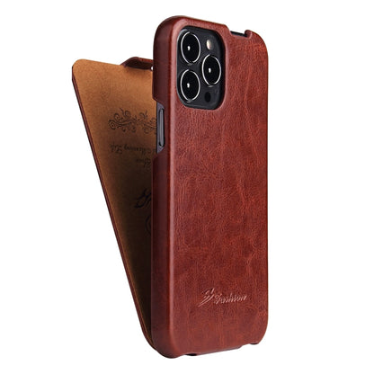 For iPhone 13 Pro Fierre Shann Retro Oil Wax Texture Vertical Flip PU Leather Case (Brown) - iPhone 13 Pro Cases by FIERRE SHANN | Online Shopping UK | buy2fix