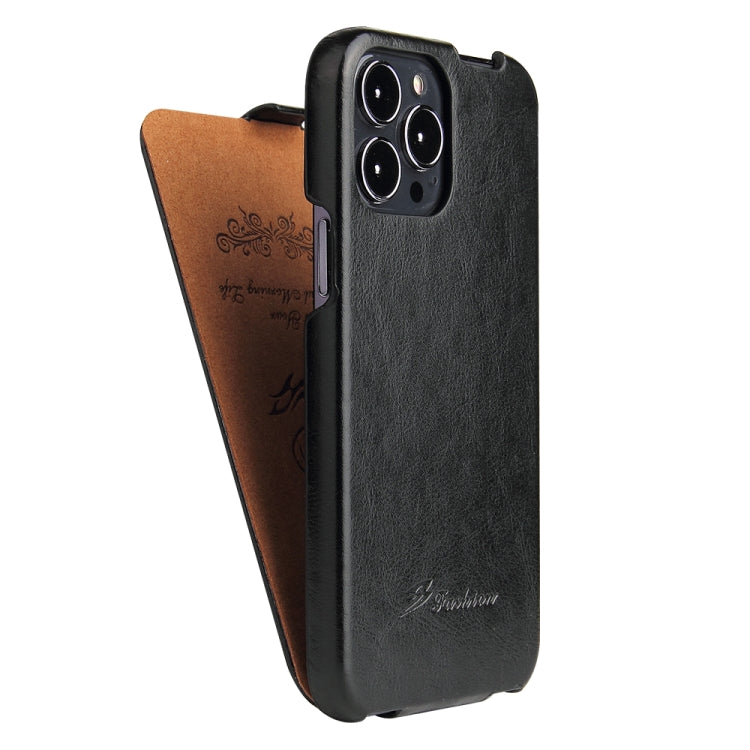 For iPhone 13 Fierre Shann Retro Oil Wax Texture Vertical Flip PU Leather Case(Black) - iPhone 13 Cases by FIERRE SHANN | Online Shopping UK | buy2fix