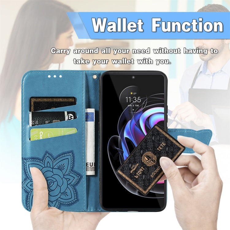 Butterfly Love Flowers Embossed Horizontal Flip Leather Case with Holder & Card Slots & Wallet & Lanyard For Motorola Edge 20 Pro(Blue) - Motorola Cases by buy2fix | Online Shopping UK | buy2fix