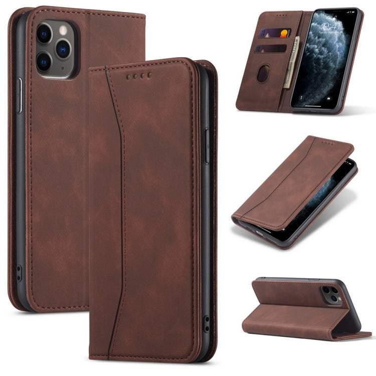 For iPhone 13 Pro Skin-feel Calfskin Texture Magnetic Dual-Fold Horizontal Flip Leather Case with Holder & Card Slots & Wallet (Coffee) by buy2fix