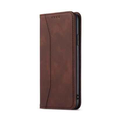 For iPhone 13 Pro Skin-feel Calfskin Texture Magnetic Dual-Fold Horizontal Flip Leather Case with Holder & Card Slots & Wallet (Coffee) by buy2fix