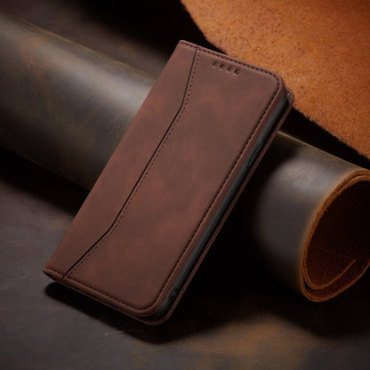 For iPhone 13 Pro Skin-feel Calfskin Texture Magnetic Dual-Fold Horizontal Flip Leather Case with Holder & Card Slots & Wallet (Coffee) by buy2fix