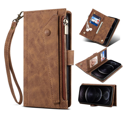 For iPhone 13 Retro Frosted Horizontal Flip Leather Case with Holder & Card Slot & Wallet & Zipper Pocket & Lanyard(Brown) - iPhone 13 Cases by buy2fix | Online Shopping UK | buy2fix