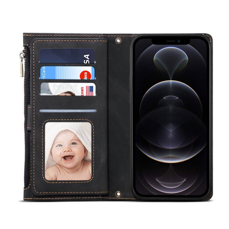 For iPhone 12 Pro Max Retro Frosted Horizontal Flip Leather Case with Holder & Card Slot & Wallet & Zipper Pocket & Lanyard(Black) - iPhone 12 Pro Max Cases by buy2fix | Online Shopping UK | buy2fix