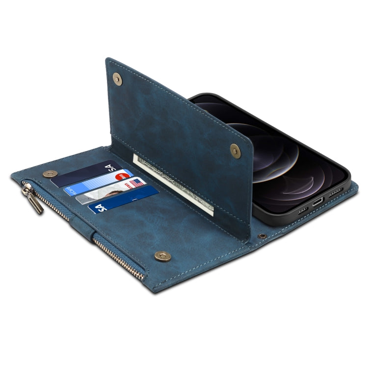 For iPhone 12 Pro Max Retro Frosted Horizontal Flip Leather Case with Holder & Card Slot & Wallet & Zipper Pocket & Lanyard(Deep Green) - iPhone 12 Pro Max Cases by buy2fix | Online Shopping UK | buy2fix