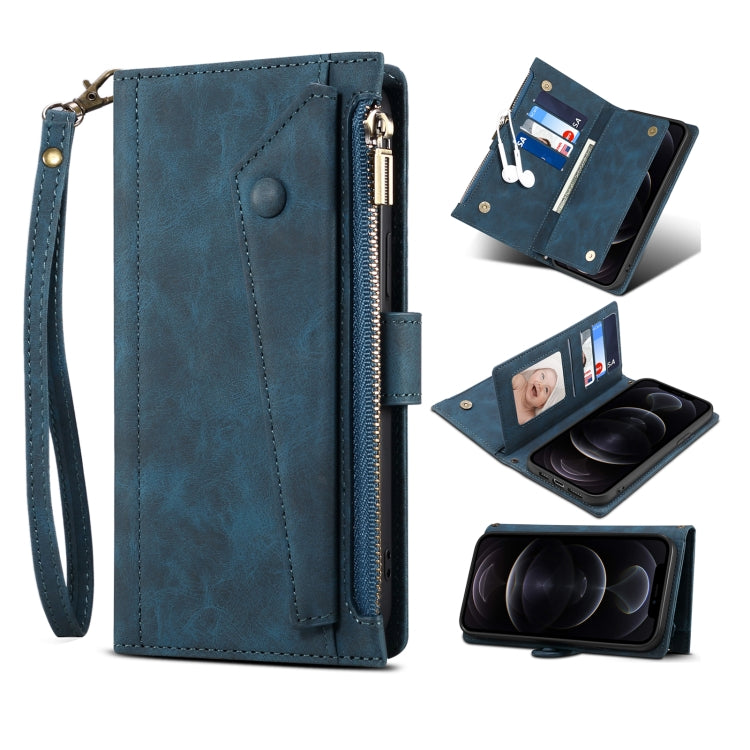 For iPhone 12 Pro Retro Frosted Horizontal Flip Leather Case with Holder & Card Slot & Wallet & Zipper Pocket & Lanyard(Deep Green) - iPhone 12 / 12 Pro Cases by buy2fix | Online Shopping UK | buy2fix