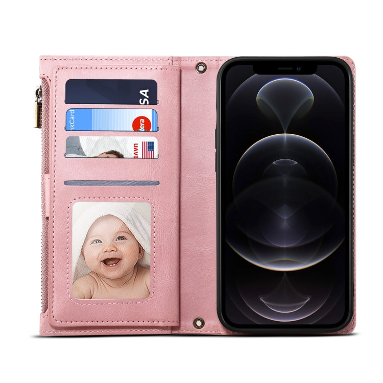 For iPhone 12 Retro Frosted Horizontal Flip Leather Case with Holder & Card Slot & Wallet & Zipper Pocket & Lanyard(Rose Gold) - iPhone 12 / 12 Pro Cases by buy2fix | Online Shopping UK | buy2fix